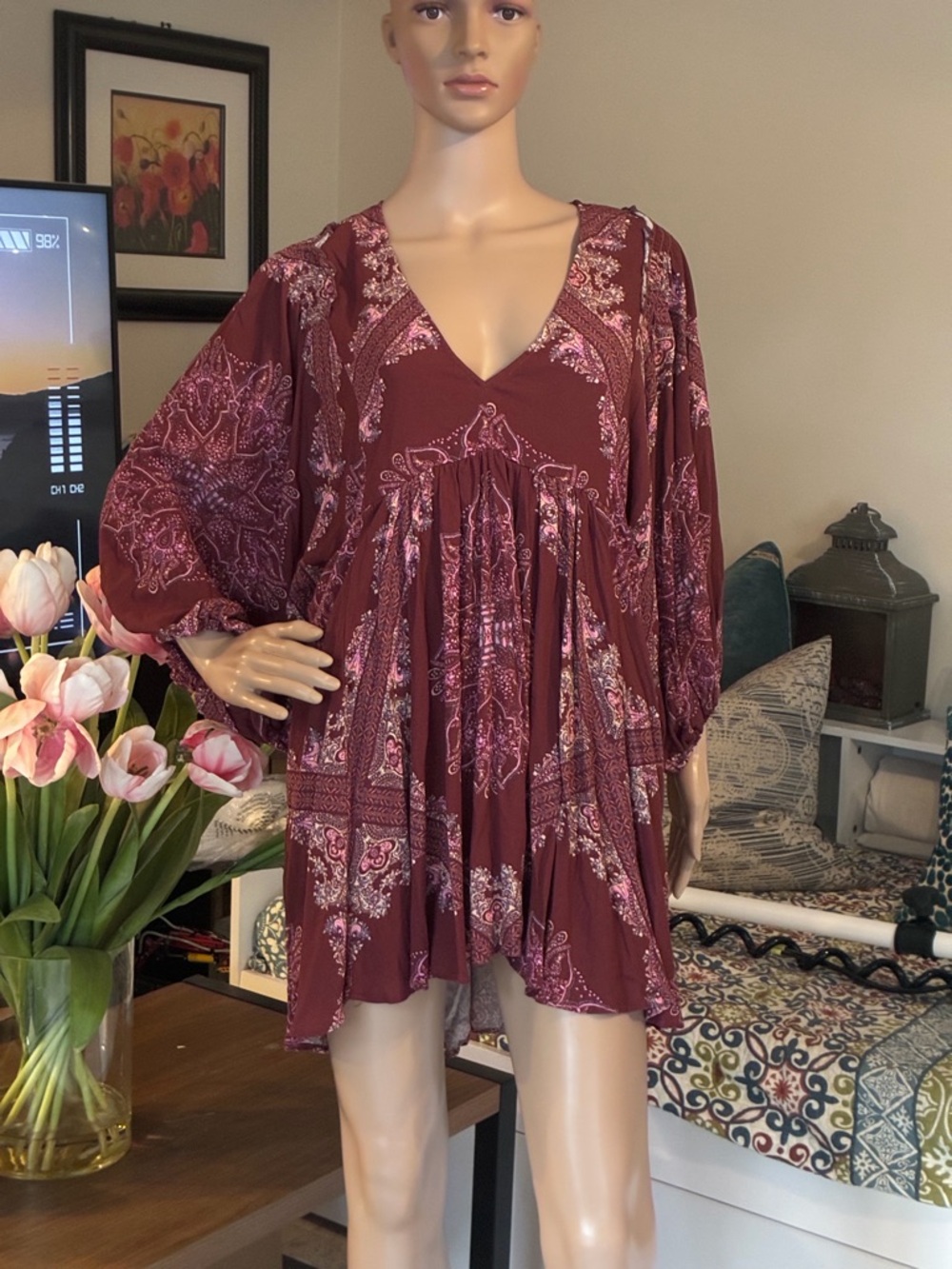 NWT Free People Say You Love Me Mini Dress Pomegranate Paisley Boho Size M.